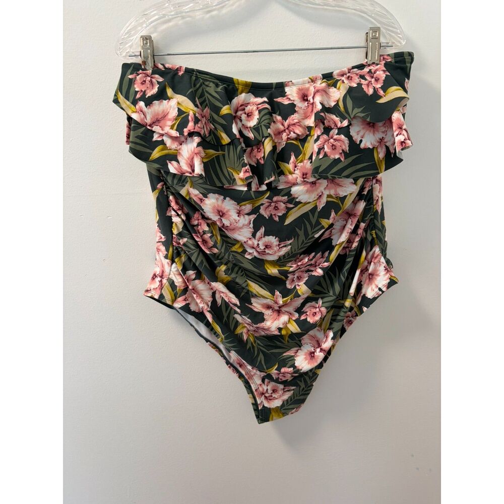 Kona Sol Black Tropical Floral Ruffle One Piece Swimsuit Plus Size 20W